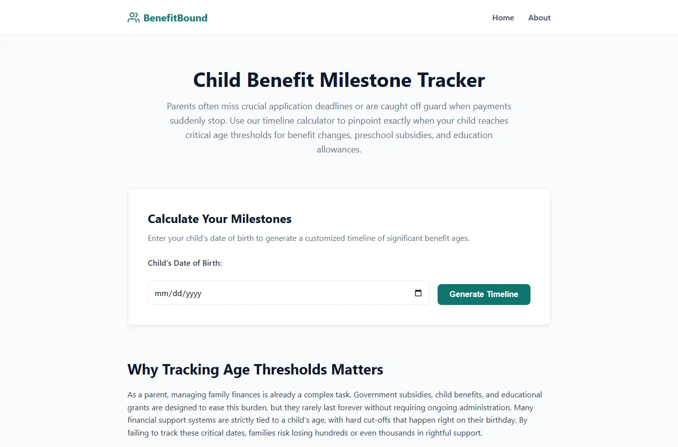 Screenshot of BenefitBound: Payment Age Tracker interface showing the project page in use
